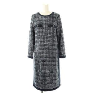 ニットツイード ワンピース ひざ丈 長袖 38 ネイビー マルチカラー /DF OS