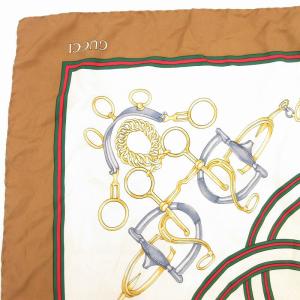 GUCCI スカーフ インターロッキングG 絹 シルク 85cm 茶 ブラウン 白 ホワイト /JS