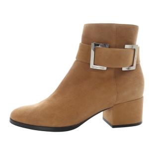ブーツ ショート チャンキーヒール ベルト付 スエード 36 ブラウン /YO11