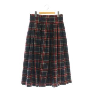 ウール チェック ロングスカート プリーツ マキシ 2 赤 レッド 紺 ネイビー /AT OS