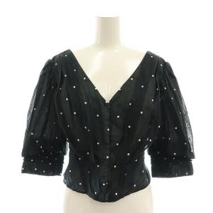 刺繍ドット ブラウス 七分袖 Vネック 黒 ブラック /AT OS SH