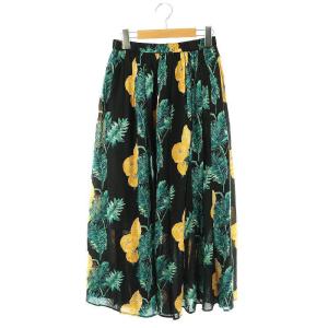 オオバナプリントギャザースカート ロング 38 M マルチカラー 黒 ブラック /SY OS