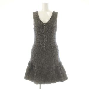 フロントジップ ワンピース ひざ丈 ヘリンボーン 38 ブラック ベージュ /DF OS