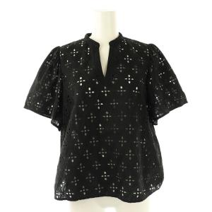 24SS ロロンフラワーエンブロイダリーギャザースリーブブラウス 五分袖 刺繍 36 ブラック /DO