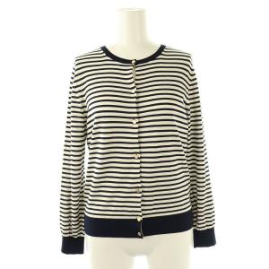 シルクコットンボーダークルーネックカーディガン ニット 金ボタン 38 オフホワイト ネイビー /DO