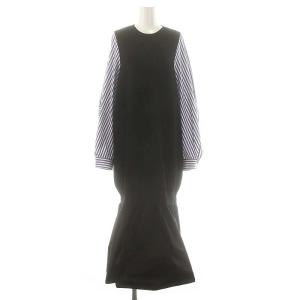 VEST-LAYERED DRESS ワンピース ロング 長袖 ニット ストライプ 38 ブラック ブルー