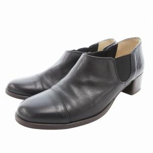 idea サイドゴアブーティ シューズ アーモンドトゥ チャンキーヒール レザー 24.0cm 黒 ブラック