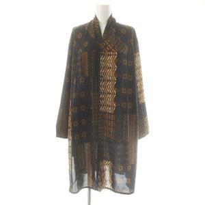 総柄シャツワンピース ロング 前開き M 紺 オレンジ ベージュ /CX OS