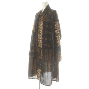 plantation 総柄シャツワンピース ロング 前開き M 紺 オレンジ ベージュ /CX OS