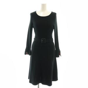 チェック ウール混ベルテッド ワンピース ニット 膝丈 38 ブラック /HK OS
