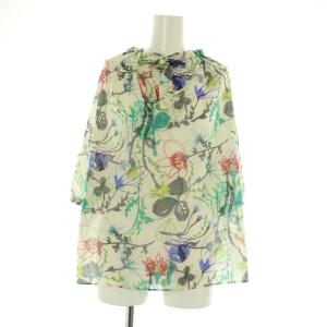 23SS クーピーフラワープリント ボウタイギャザーブラウス 五分袖 プルオーバー 36 ホワイト /MY