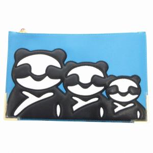 タグ付き クラッチバッグ セカンド パンダロゴ レザー 青 ブルー /HO