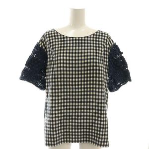 チェック ドッキングカットソー 半袖 切替 M 紺 ネイビー 白 ホワイト /AT OS