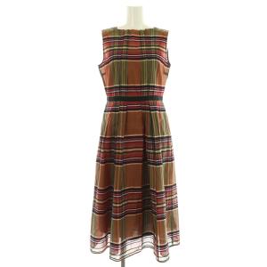 チェック ノースリーブ ワンピース ロング シルク混 シアー 36 レッド ブラウン /MY OS