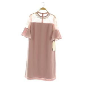 スタンドカラーAラインワンピース ロング 半袖 レース 切替 ビジュー 36 ピンク /MY OS
