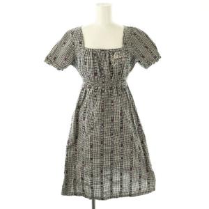 ギンガムチェック スカル ワンピース 半袖 膝丈 スクエアネック コットン F 紺 オフホワイト 赤 /NR