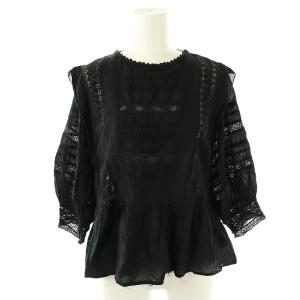 24SS コットンレーヨンインドレースブラウス 七分袖 プルオーバー 黒 /CX OS