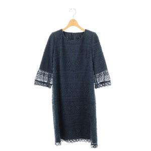 花柄レース ワンピース ひざ丈 七分袖 9 ネイビー /DF OS