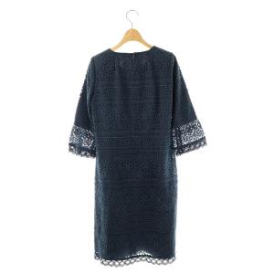 Leilian 花柄レース ワンピース ひざ丈 七分袖 9 ネイビー /DF OS