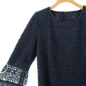 Leilian 花柄レース ワンピース ひざ丈 七分袖 9 ネイビー /DF OS