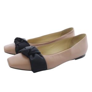 BERTELLE スクエアトゥ リボン フラットパンプス レザー スクエアトゥ 38.5 ピンクべージュ