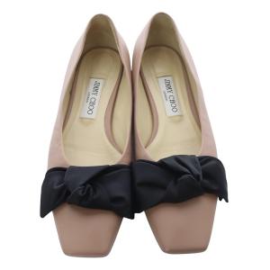 JIMMY CHOO BERTELLE スクエアトゥ リボン フラットパンプス レザー スクエアトゥ 38.5 ピンクべージュ