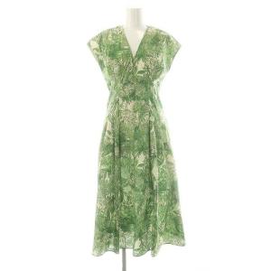 ノースリーブボタニカルプリントワンピース Vネック ロング オフホワイト グリーン イエロー /DO OS