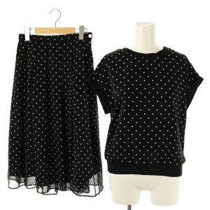 シフォン ドット柄 フレンチスリーブカットソー フレアスカート ロング 36 ブラック ホワイト /DF