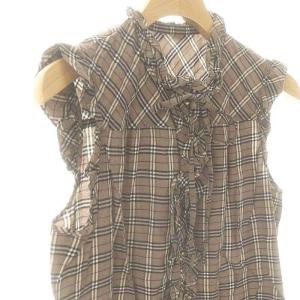 BURBERRY BLUE LABEL ノバチェック フリル ノースリーブ ブラウス 38 モカ /DF OS