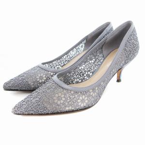 クロッシェレースパンプス シューズ ポインテッドトゥ ハイヒール 花柄 37 グレー /AE
