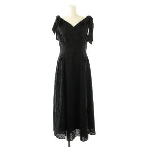 肩リボン刺繍ワンピース ロング ノースリーブ M ブラック /HK OS