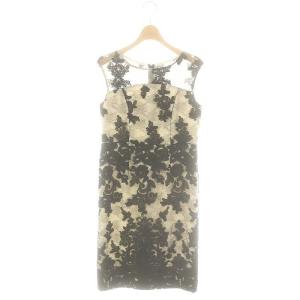 総柄 ノースリーブ ワンピース ひざ丈 刺繍 36 ブラック オフホワイト /DF OS SH