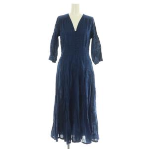 七分袖ワンピース ロング ストライプ ジャガード インド製 ネイビー /MY OS