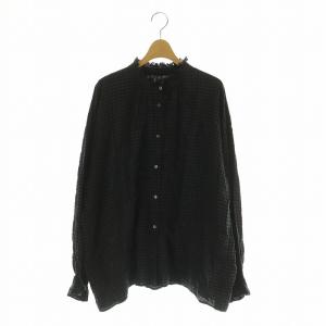 24AW シャーリングチェック フリルパフブラウス 長袖 バンドカラー グレー /MY OS