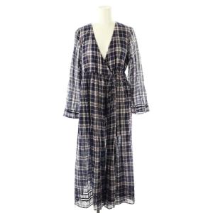 チェック カシュクールワンピース ロングガウン 紫 ゴールド色 /MI OS