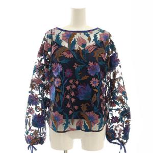 フラワー刺繍トップ ブラウス 長袖 シアー シースルー 36 紺 ネイビー /AT OS