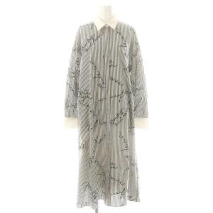 23SS フロッキーストライプシャツワンピース ロング 長袖 38 ダークグレー ホワイト ブラック /DO