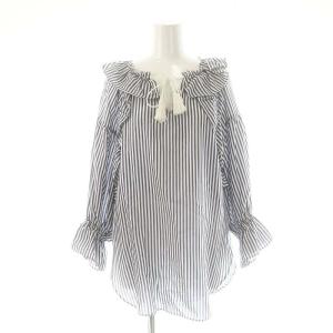 フリル切替カフタンブラウス 長袖 ストライプ 36 ネイビー オフホワイト /DO OS