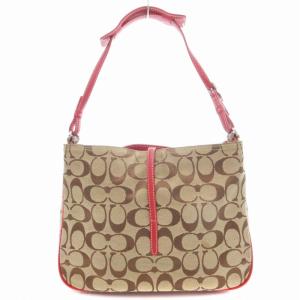 COACH シグネチャー ハンドバッグ ショルダー クリップホーボー キャンバス レザー 茶 ブラウン 赤 レッド
