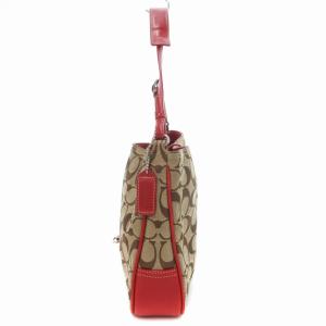 COACH シグネチャー ハンドバッグ ショルダー クリップホーボー キャンバス レザー 茶 ブラウン 赤 レッド