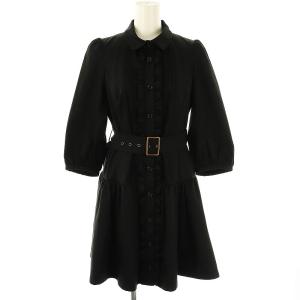フリル チェック ワンピース コート ステンカラー ベルト付き 38 黒 /MI OS