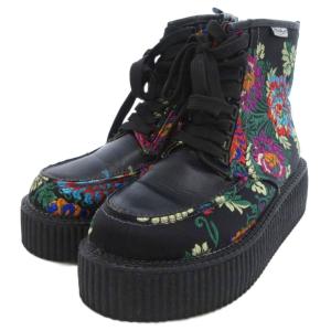 厚底レースアップブーツ サイドジップ 和柄 23.5cm 黒系 /UO