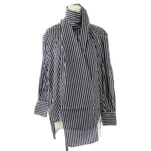 23SS クリアコットンスタンドカラーブラウス 長袖 ストライプ 38 ネイビー ホワイト /DO OS