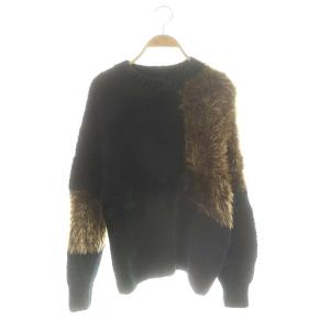 ウール フェイクファー 切替 ニット セーター 長袖 M 紺 ネイビー 緑 グリーン /AT OS