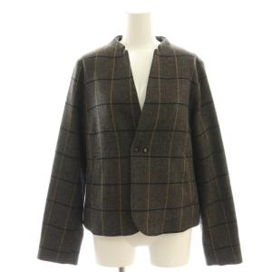 ウールチェックジャケット ノーカラー アウター 3 茶 濃紺 /NR OS