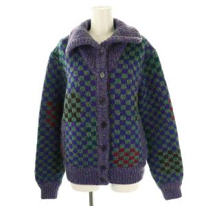総柄 ニットカーディガン 長袖 S パープル グリーン /DF OS