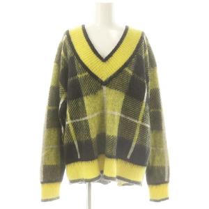 チェックシャギーニット セーター 長袖 Vネック アンゴラ混 36 イエロー 黒 白 /ES OS