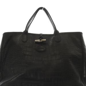 Longchamp クロコ型押し レザー トートバッグ ハンドバッグ 黒 ブラック /SR34