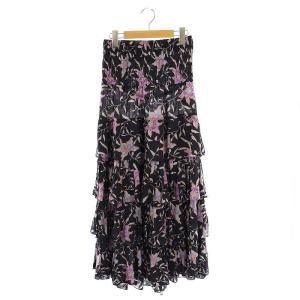 ORFEO レーヨン フラワープリントスカート ロング ティアード 36 ネイビー パープル /DF OS