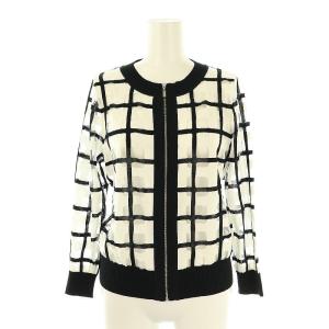 オパール加工格子ニットジャケット シアー シースルー ノーカラー 40 白 ホワイト 黒 ブラック /AT